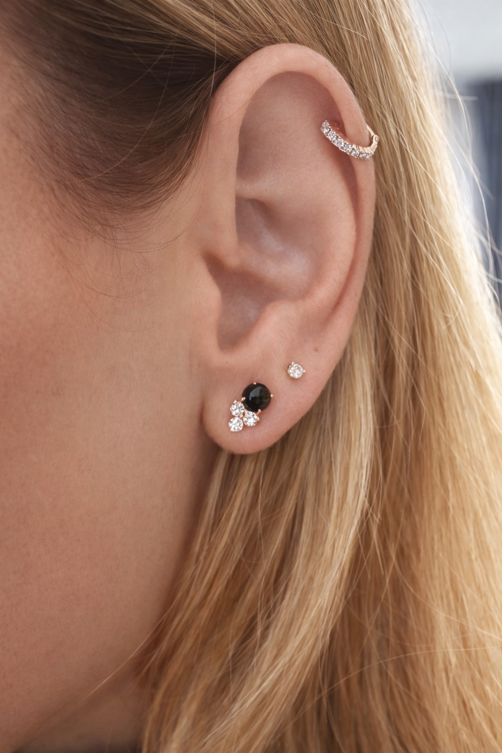 EF-Collection Black Onyx and Diamond Trio Studs