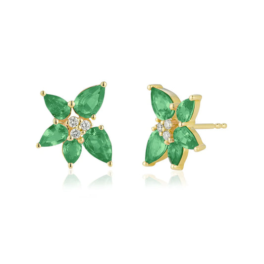 EF-Collection Emerald& Diamond Trio Cluster Stud Earrings