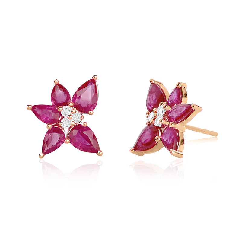 EF-Collection Ruby & Diamond Trio Cluster Stud Earrings