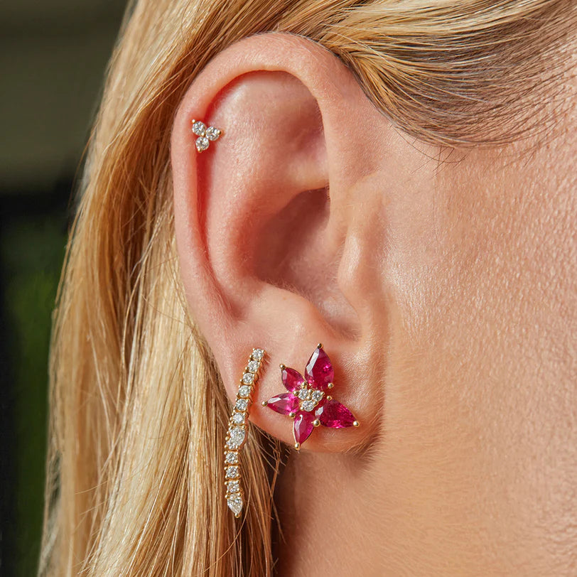 EF-Collection Ruby & Diamond Trio Cluster Stud Earrings