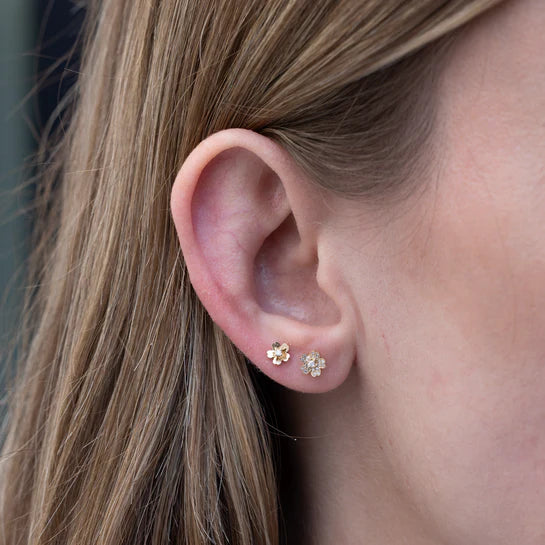EF-Collection Gold and Diamond Mini Cherry Blossom Stud Earring