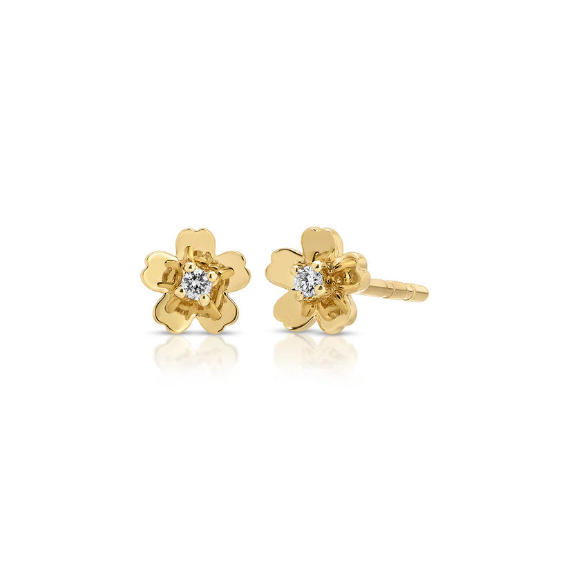 EF-Collection Gold and Diamond Mini Cherry Blossom Stud Earring