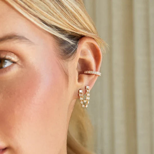 EF-Collection Baguette Double Diamond Chain Stud Earring