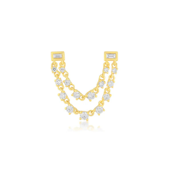 EF-Collection Baguette Double Diamond Chain Stud Earring
